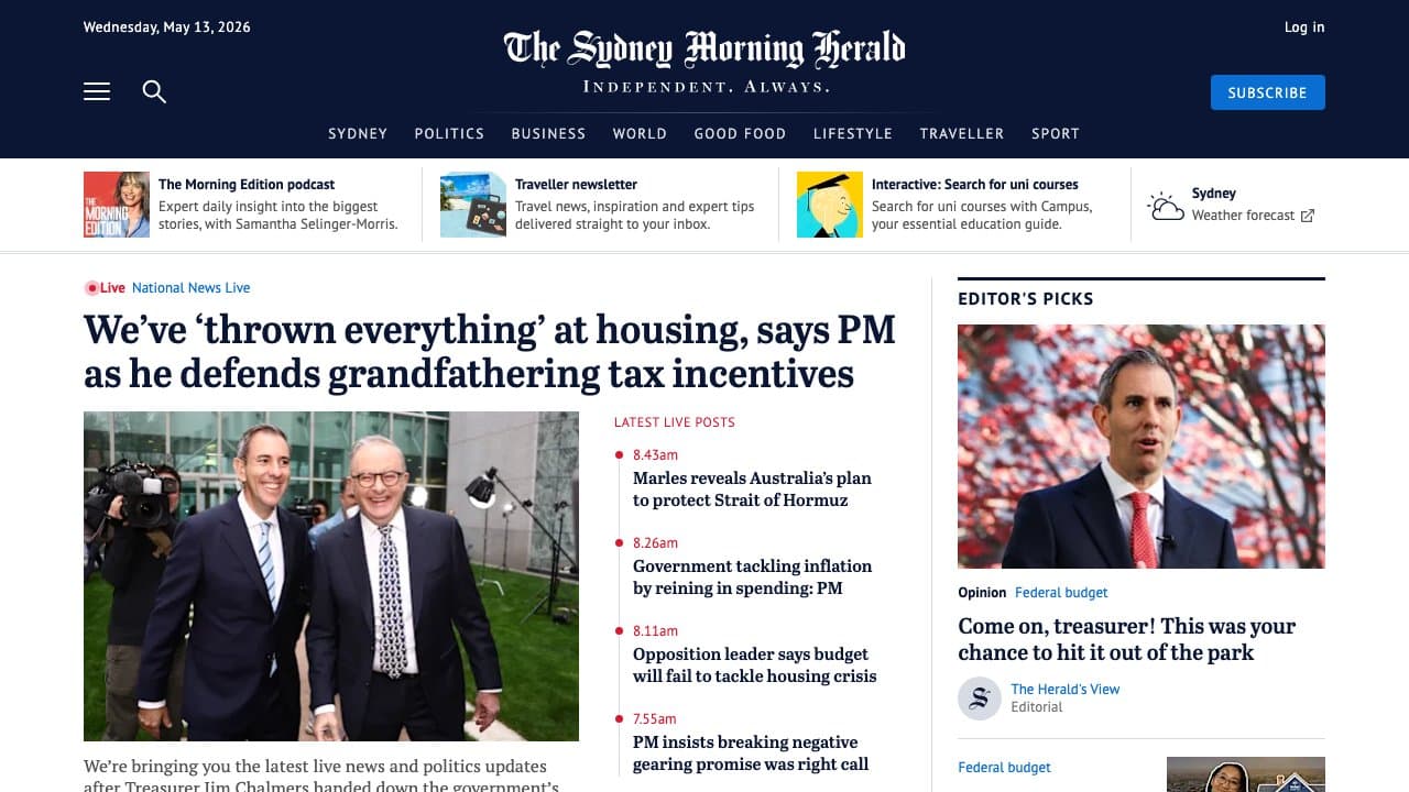 Screenshot of The Sydney Morning Herald